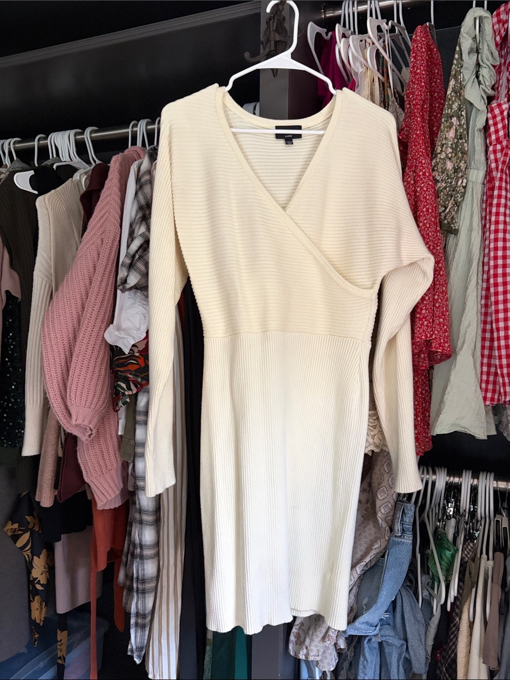 Cream Ribbed Wrap-Front Long Sleeve Sweater Dress
